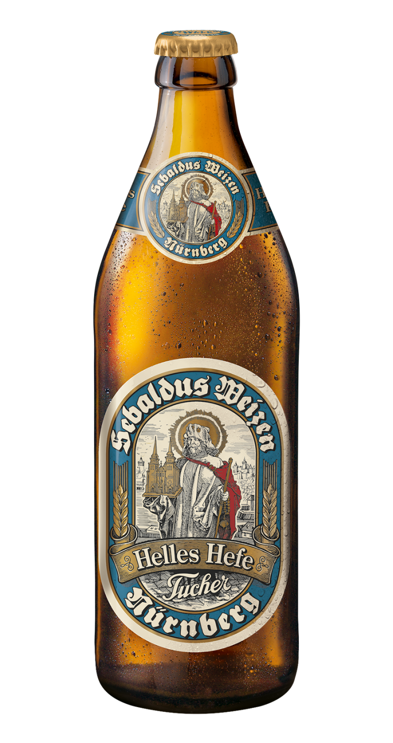 Braune Bierflasche mit Etikett und historischer Figur sowie Schriftzug Sebaldus Weizen.